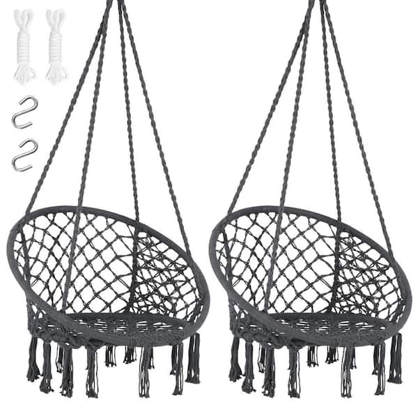 2-Pack Grey 330 lb. Capacity Hammock Chair Macrame Swing with Side Pocket Hanging Cotton Rope Hammock Swing Chair