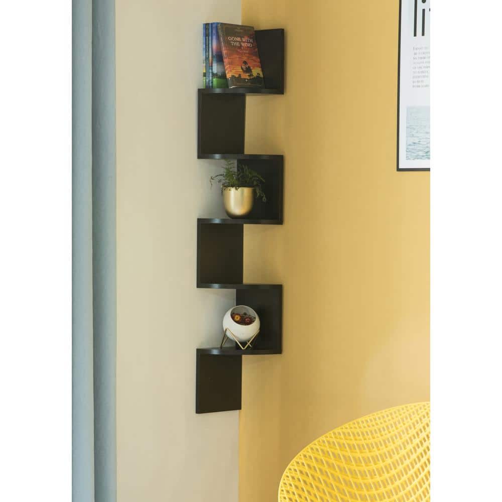 Black Wood 5-Tier Wall Mount Corner Shelf