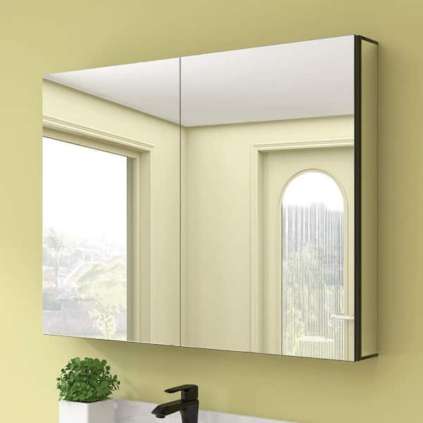 39.4 in. W x 30 in. H Rectangular Black Aluminum Combination Medicine Cabinet with Mirror, Recessed or Surface Mount