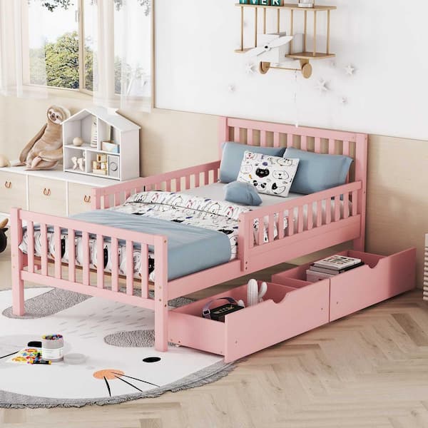 Pink Wood Frame Twin Size Platform Bed with Guardrails on Both Sides and 2 Storage Drawers