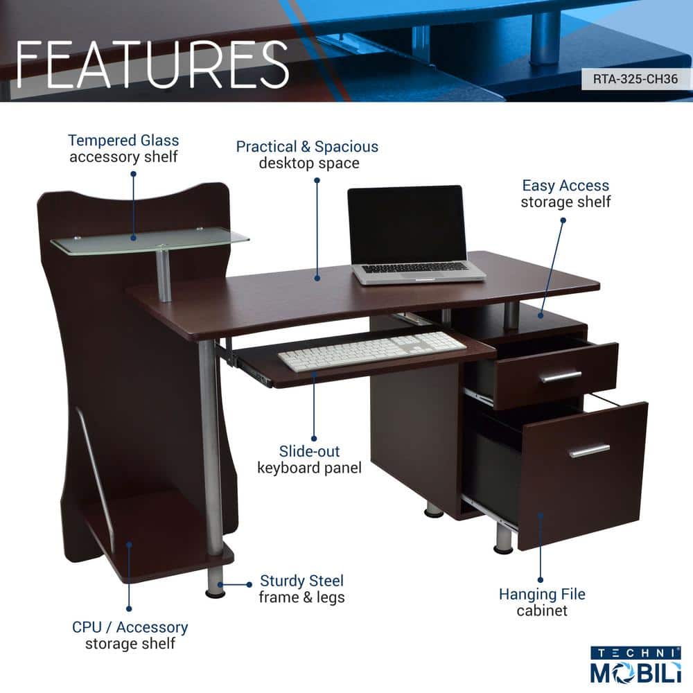 Chocolate Brown Wood Computer Desk with Storage and Keyboard Tray