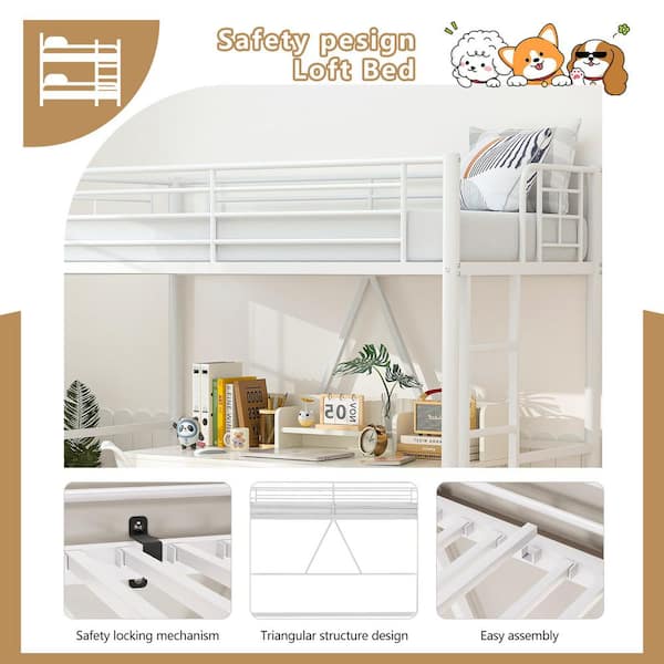 VECELO Twin Size Metal Loft Bed, White Heavy Duty Bed Frame with