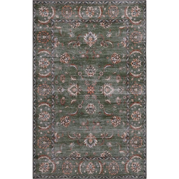 Arabella Vintage Floral Border Machine-Washable Green/Brown 5 ft. x 8 ft. Area Rug