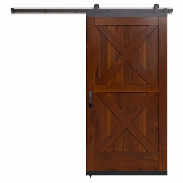 JELD-WEN 36 in. x 80 in. Karona Crossbuck Chestnut Stained Rustic Walnut Wood Sliding Barn Door with Hardware Kit