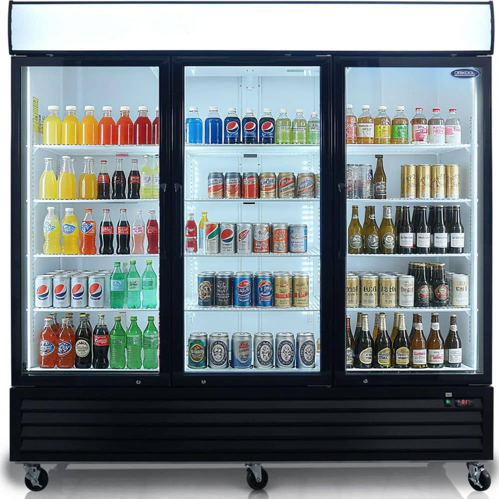81 in. 70 cu. ft. Commercial 3-Glass Door Merchandiser Refrigerator with LED Top Panel in Black, NSF Certified
