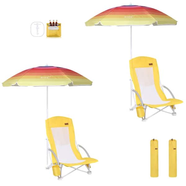 Angel Sar 2-Piece Yellow Metal High Back Camping Folding Beach Chair with Umbrella, Cooler and Carry Bag for Adults