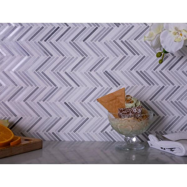 Apollo Tile (Sample) Zebra White, Gray 11-in x 11-in Polished Marble Herringbone Patterned Floor and Wall Tile