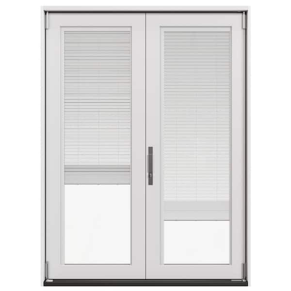 60 in. x 80 in. Left-Hand Folding Primed Fiberglass 2-Panel Patio Door w/ Low-E Glass, Blinds & Retractable Screen