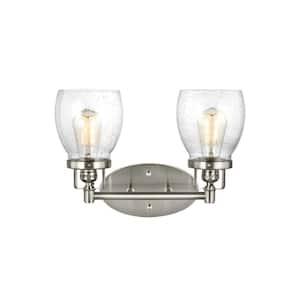 Belton 15 in. 2-Light Brushed Nickel Transitional Industrial Wall Bathroom Vanity Light with Clear Seeded Glass Shades