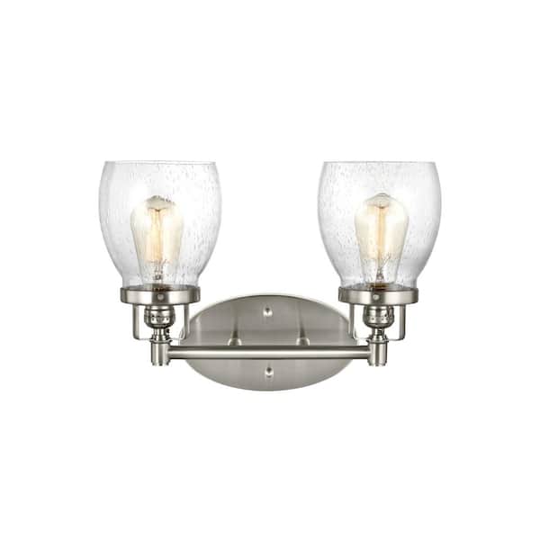 Generation Lighting Belton 15 in. 2-Light Brushed Nickel Transitional Industrial Wall Bathroom Vanity Light with Clear Seeded Glass Shades