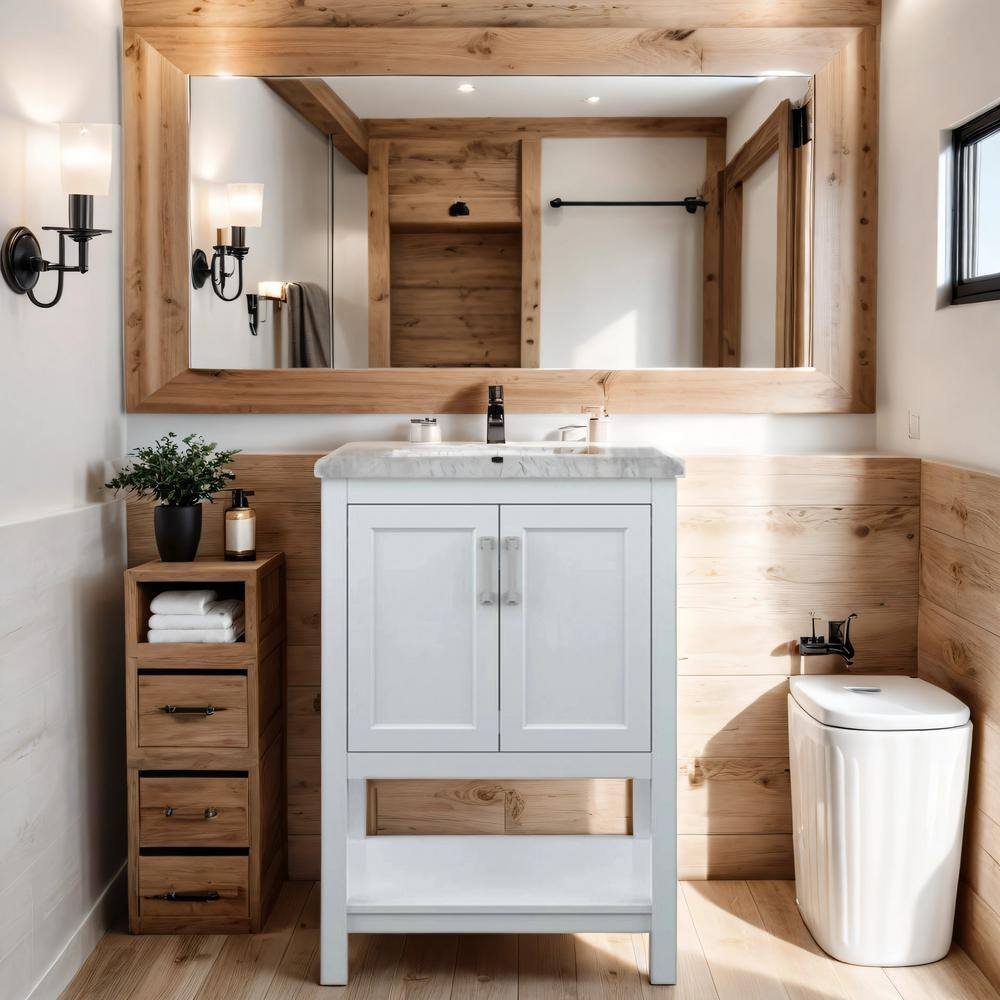 White Pine and Carrara Marble Single Sink Bathroom Vanity