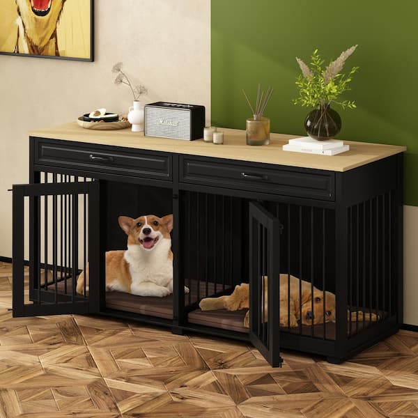 Large Dog Crate Furniture, 64.6 in. Wooden Dog Crate Kennel with 2 Drawers and Divider for Medium or 2 Small Dogs, Black