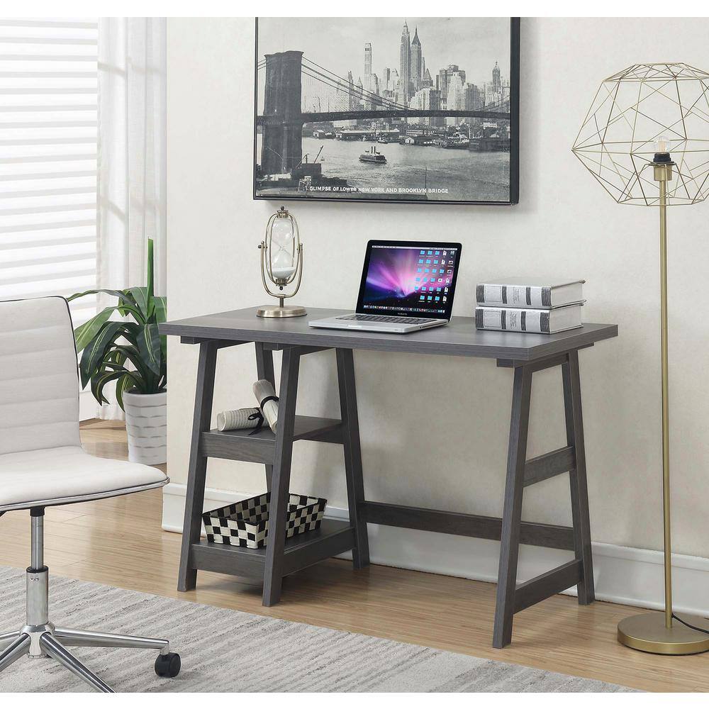 Charcoal Gray 47" Wood Trestle Desk with Shelves
