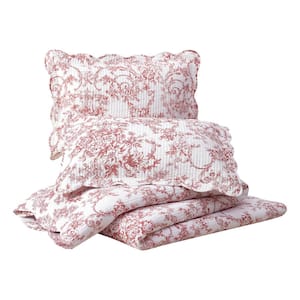 Garden Toile 3-Piece Red Reversible Cotton Full/Queen Quilt Set