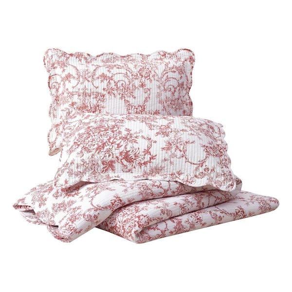 Garden Toile 3-Piece Red Reversible Cotton Full/Queen Quilt Set