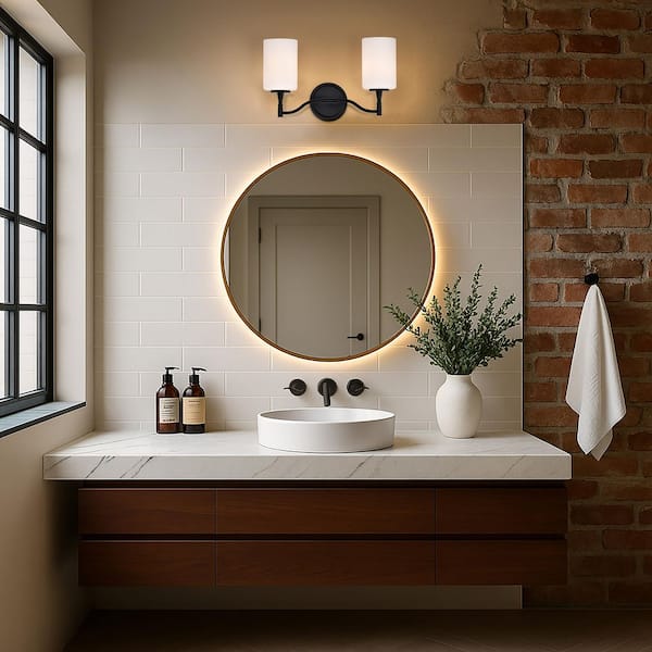Liam 16 in. 2-Light Matte Black Vanity Light with White Opal Glass Shade