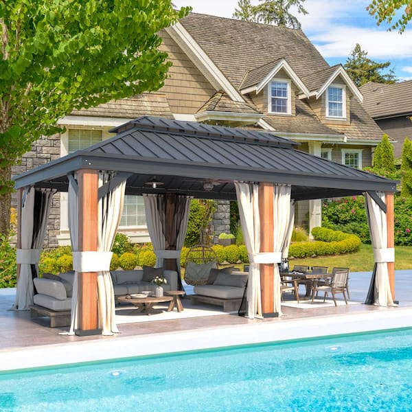 Unbranded 12 ft. x 20 ft. Hardtop Gazebo with Double Roof, Outdoor Patio Gazebo Pergolas with Netting and Curtains