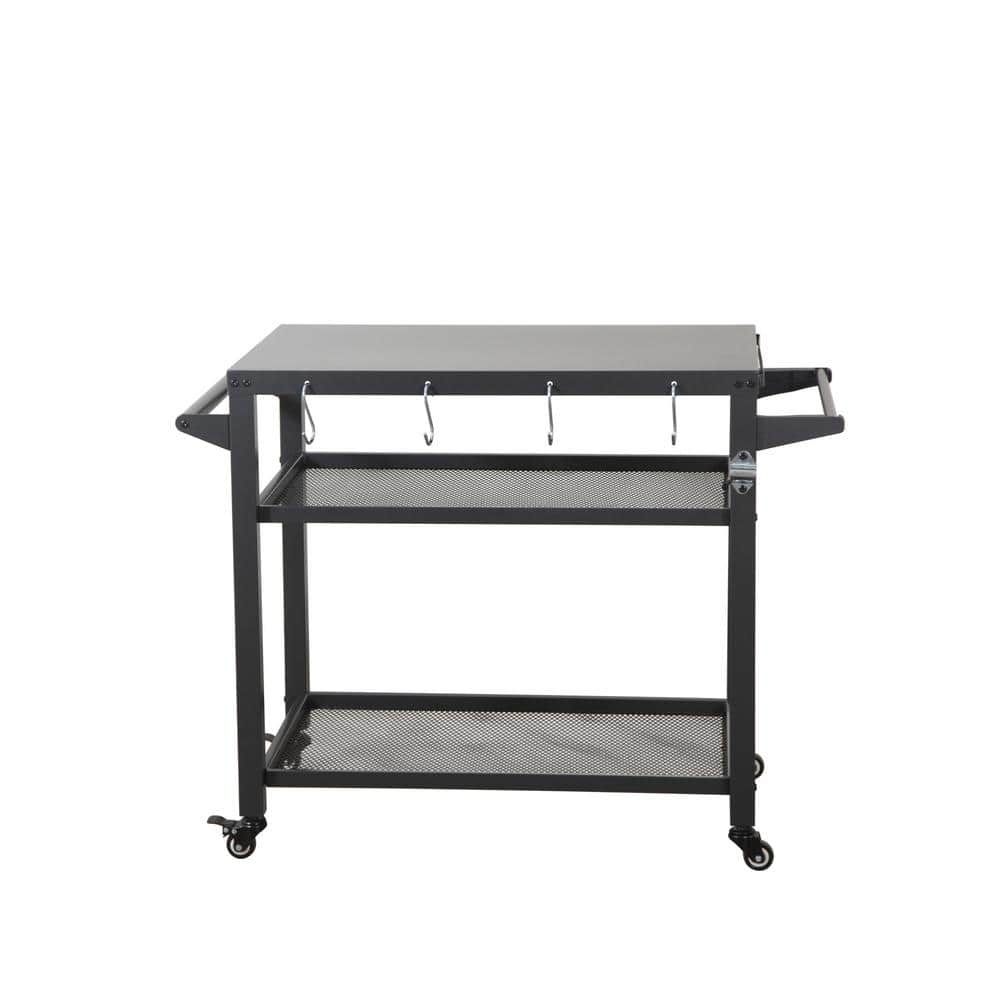 Grey Metal 3-Shelf Outdoor Rolling Grill Table Grill Cart with Wheels, Pizz