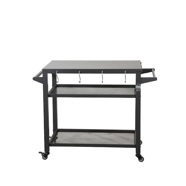 Unbranded Grey Metal 3-Shelf Outdoor Rolling Grill Table Grill Cart with Wheels, Pizza Oven Table Food Prep Table with Hooks