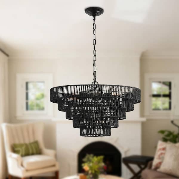 TaiMei Vitra 24 in. 8-Light E12 Black Iron Hemp Rope 5-Tier Boho Pendant Chandelier