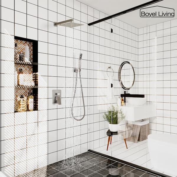 1-Spray Patterns with 2.5 GPM 10 in. Square Wall Mount Dual Shower Heads with Pressure Balance Valve in Brushed Nickel