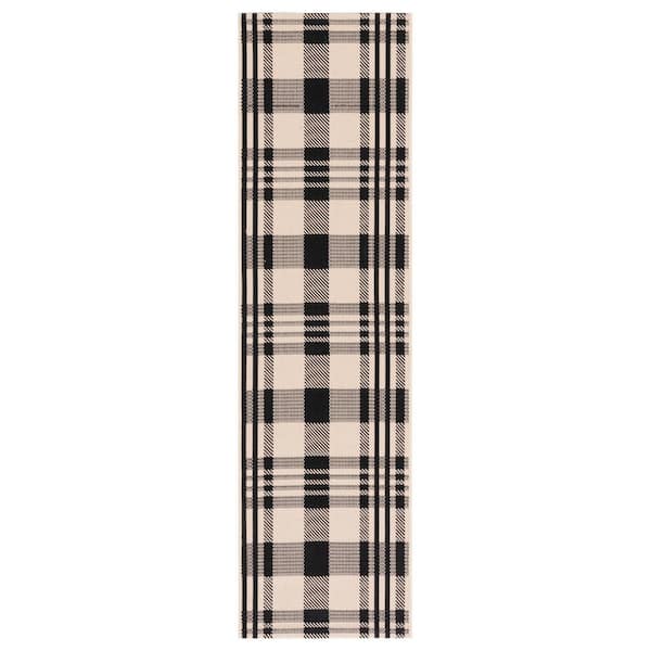 Courtyard Black/Bone 2 ft. x 16 ft. Runner Plaid Solid Color Indoor/Outdoor Area Rug