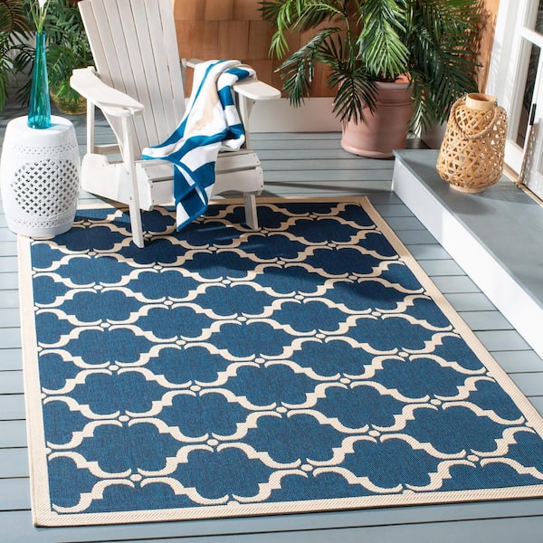 Courtyard Navy/Beige 9 ft. x 12 ft. Border Indoor/Outdoor Patio  Area Rug
