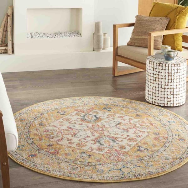 Bernadette Ivory/Yellow 5 ft. Round Medallion Polypropylene Area Rug