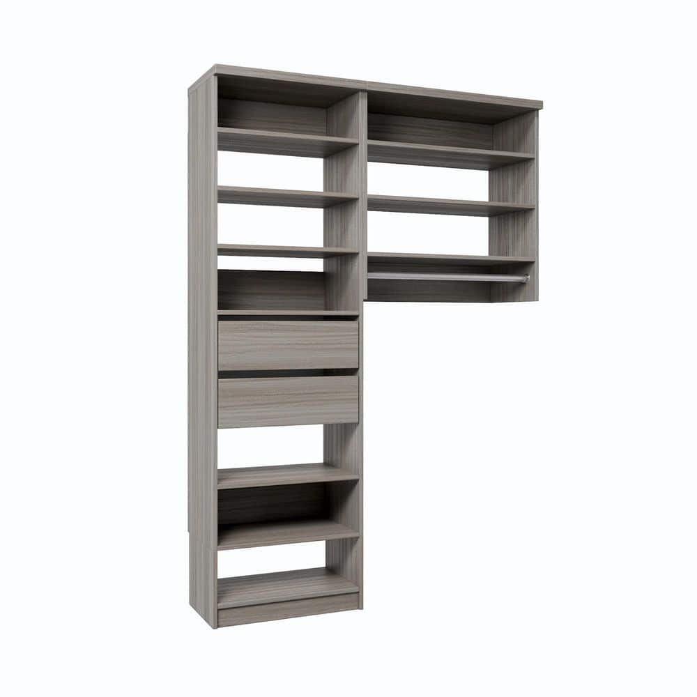 45 in. W Grey Oak Reach-in Floor-Mount 1-Rod 2-Reveal-Drawers 10-Shelf Wood Closet System