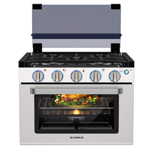 CAMPLUX ENJOY OUTDOOR LIFE Camplux 18 in. 1.27 cu. ft. RV Gas Range with 4-Burners and Convection Oven in Stainless Steel in Silver
