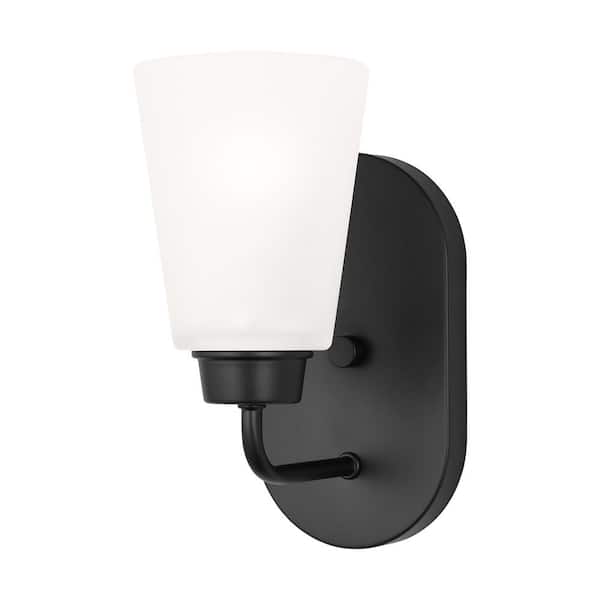 Generation Lighting Kerrville 4.63 in. 1-Light Midnight Black Wall Sconce with a Satin Etched Glass Shade