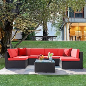 7-Pieces PE Rattan Wicker All Weather Patio Furniture Sectional Set Outdoor Lawn Conversation Sets with Red Cushion