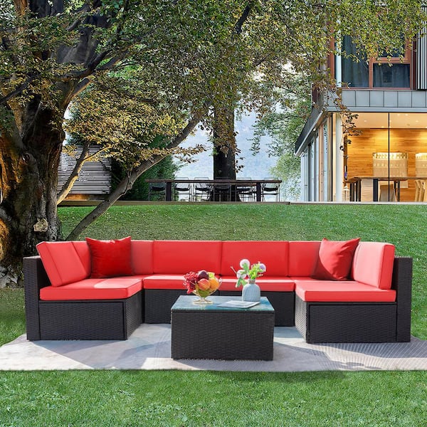 7-Pieces PE Rattan Wicker All Weather Patio Furniture Sectional Set Outdoor Lawn Conversation Sets with Red Cushion