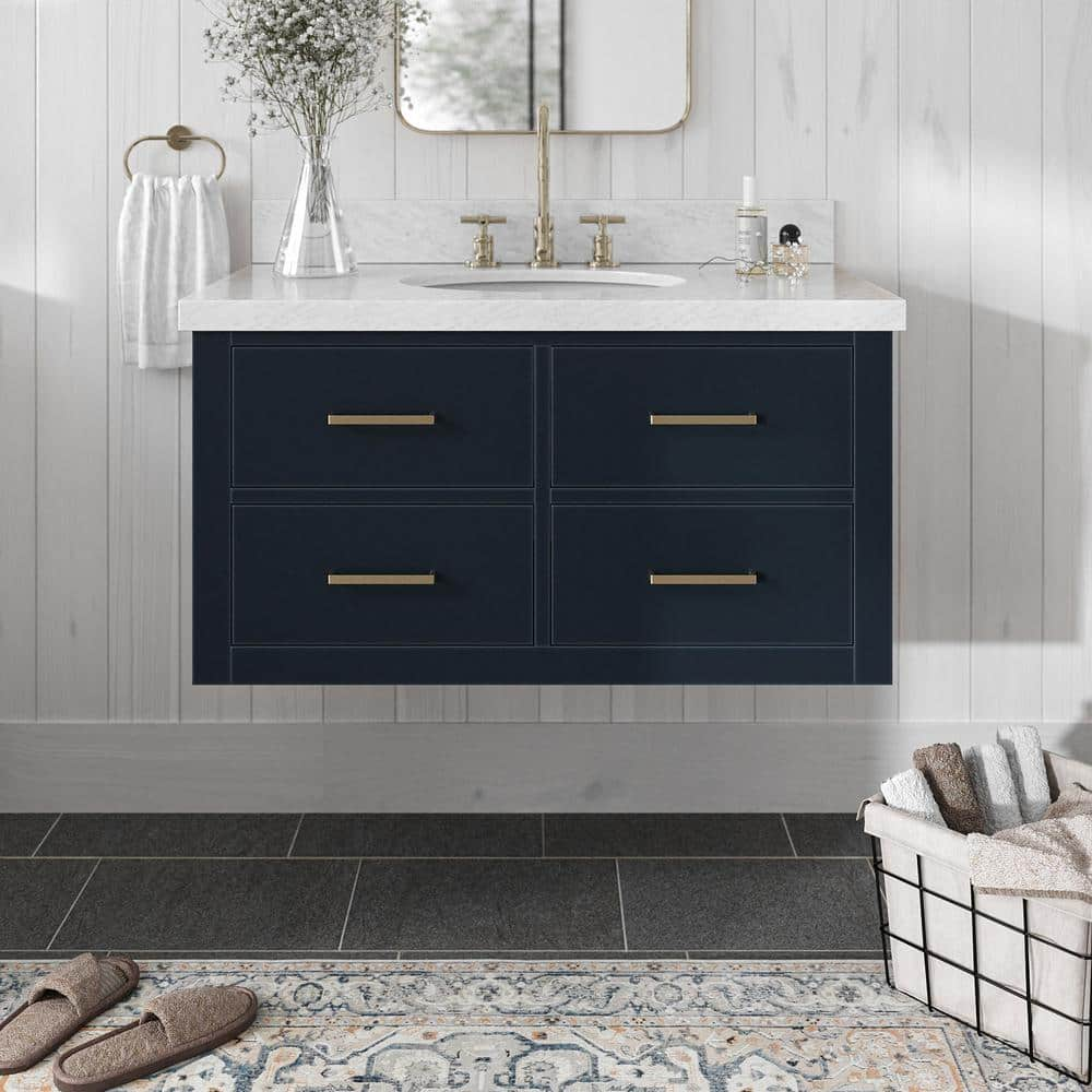 Hutton 37 in. W x 22 in. D x 19.6 in. H Bath Vanity in Midnight Blue with Carrara White Marble Top -  ARIEL, W037SCWOVOMNB