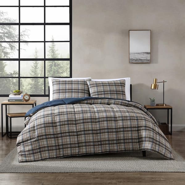 Rugged Plaid 3-Piece Beige Brown Microsuede Full/Queen Duvet Cover Set