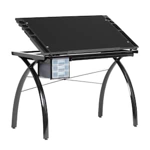 Futura Collection: 38 in. W Black/Black Glass Metal and Glass Craft Table with Storage and Angle Adjustable Top