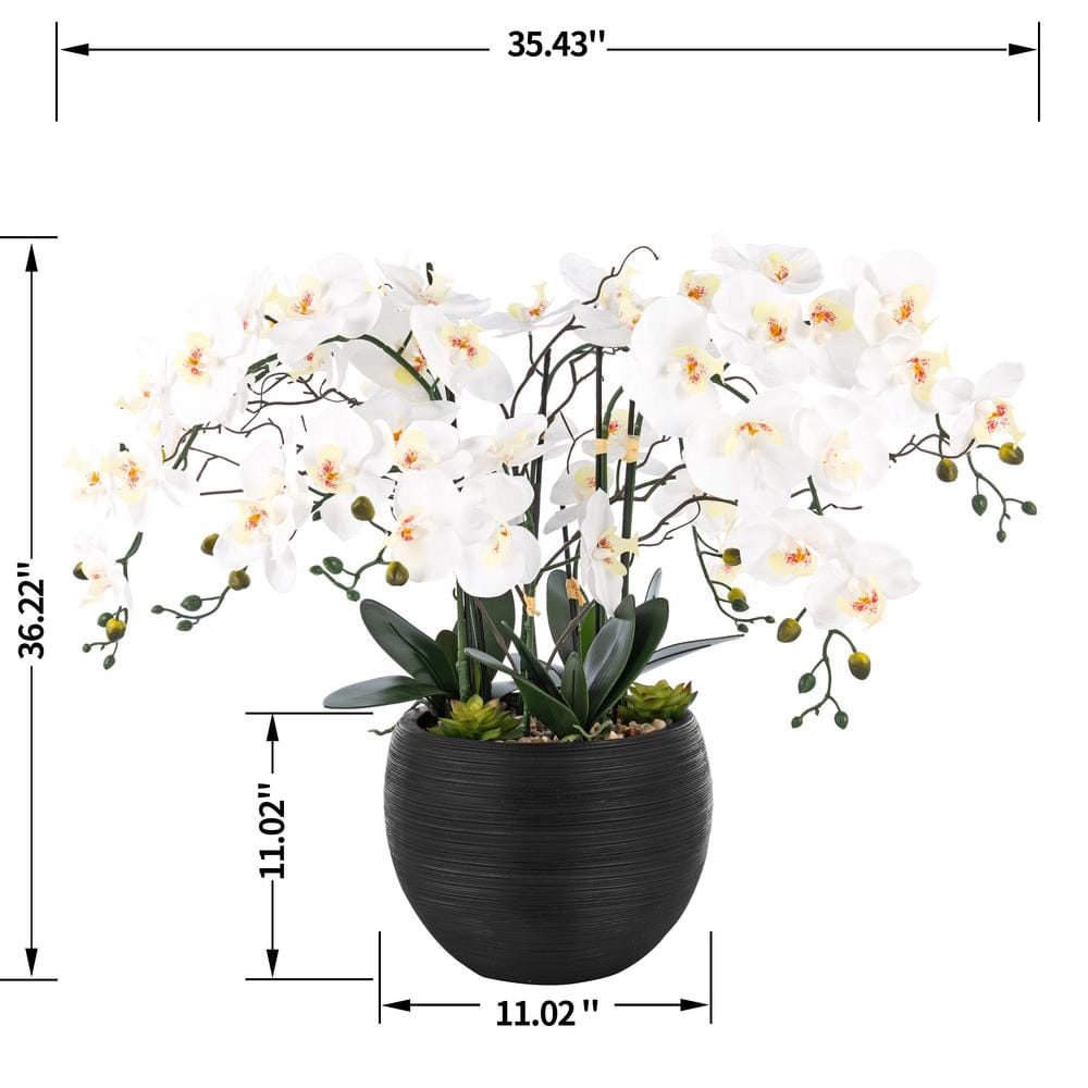 Large White and Green Plastic Orchid Arrangement in Black Pot
