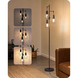 65 in. black Rustic 1-Light Smart Dimmable Tree Floor Lamp for Living Room with Metal Cage Shade