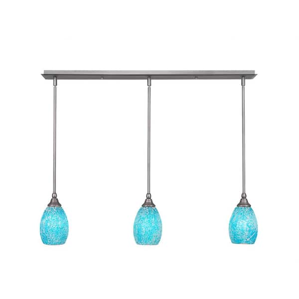 Unbranded Livingston 100-Watt 3 Light Nickel, Linear Pendant Light with 5 in. Turquoise Fusion Glass Shades No Bulbs Included
