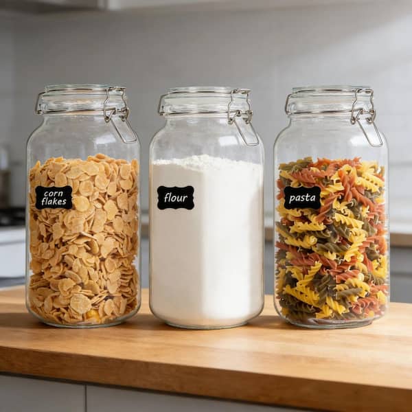 3-Piece 78 oz. Glass Square Food Storage Kitchen Canisters Set w/ Airtight Clamp Lids and Chalkboard Labels for Kitchen
