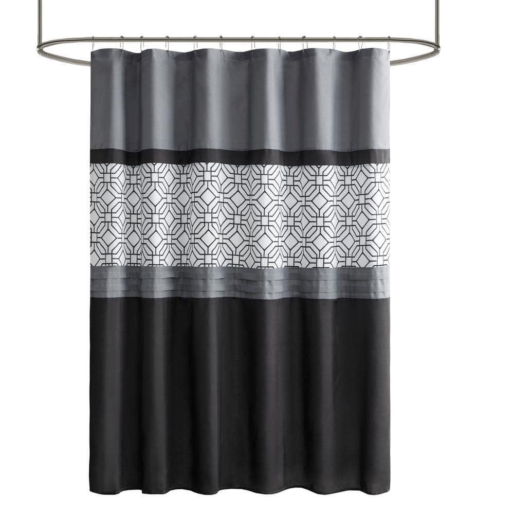 Black and Gray Geometric Embroidered Fabric Shower Curtain with Liner
