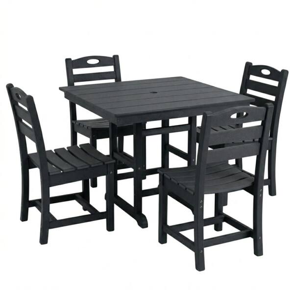 5-Piece HDPE Outdoor Dining Set , Square Patio Table & 4 Armless Chairs  with Umbrella Hole, All-Weather Furniture S00047 - The Home Depot