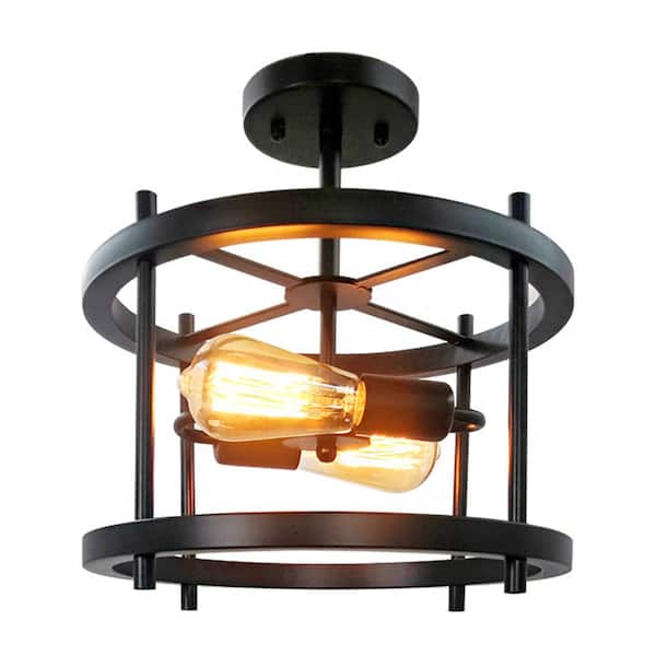 TAIFOND 12.8 in. 2-Light Matte Black Rustic Retro Semi-Flush Mount