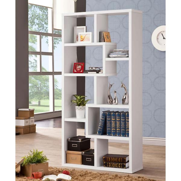 Coaster Theo 70.75 in. Tall White Wood 10-Shelf Geometric Bookcase