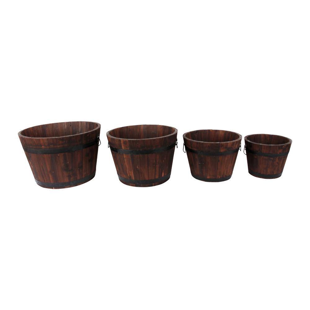 Rustic Brown Cypress Wood Barrel Planter Set of 4