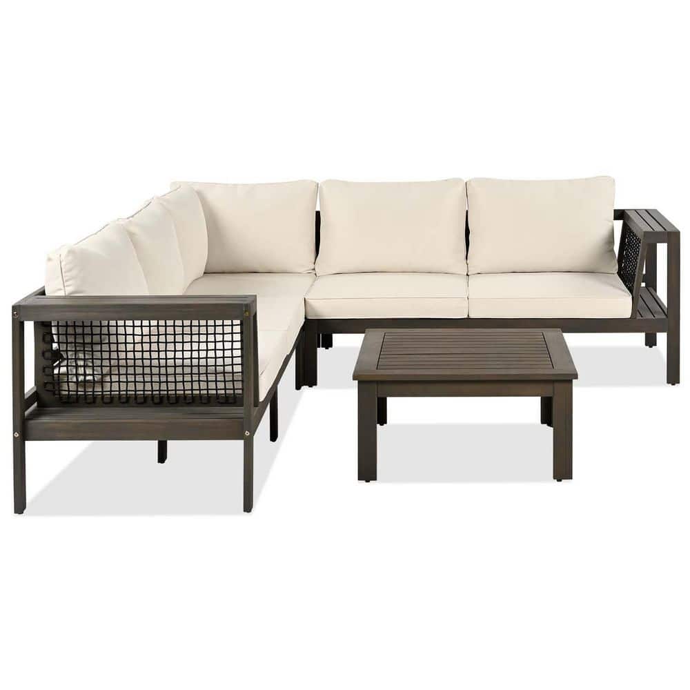 4-Piece Wood Patio Conversation Set with Beige Cushions, L-Shaped Patio Fur