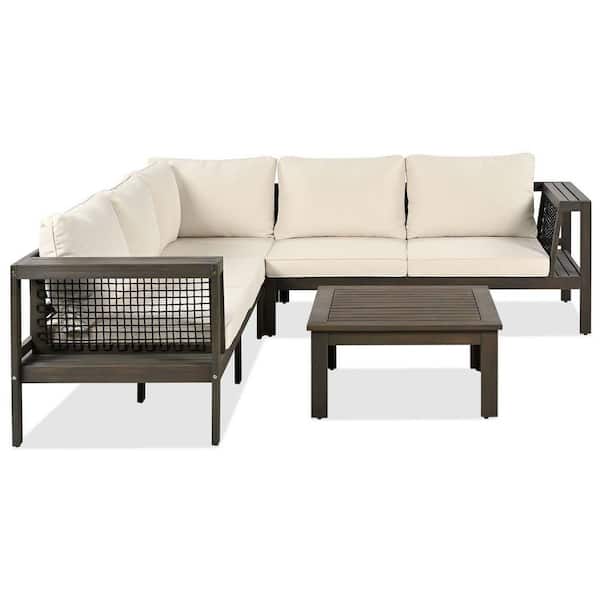 Unbranded 4-Piece Wood Patio Conversation Set with Beige Cushions, L-Shaped Patio Furniture Sofa Set with Coffee Table