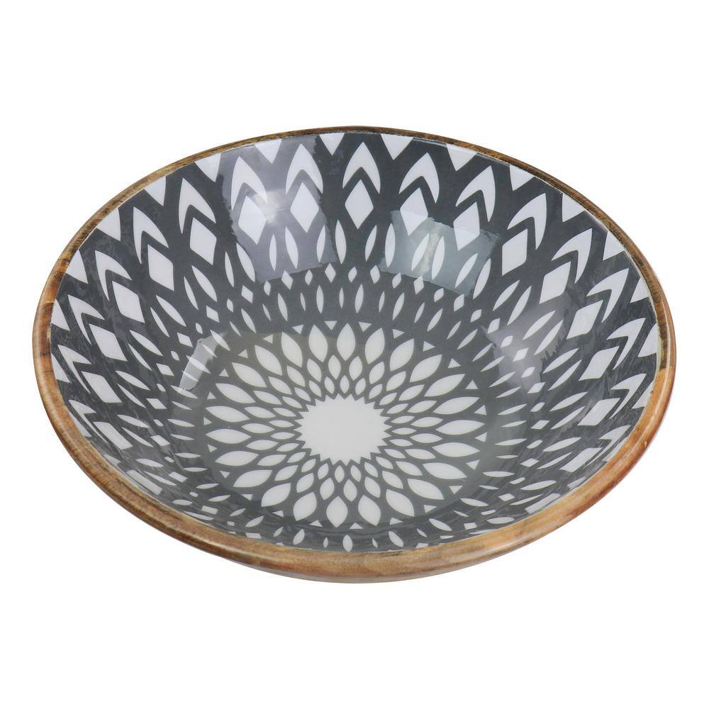 Large Gray Mango Wood Serving Bowl with Enamel Finish