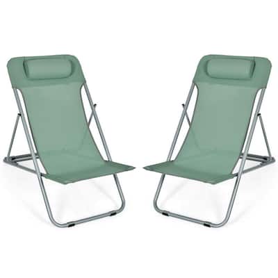2-Piece Steel Folding Portable Green Beach Chair with Headrest