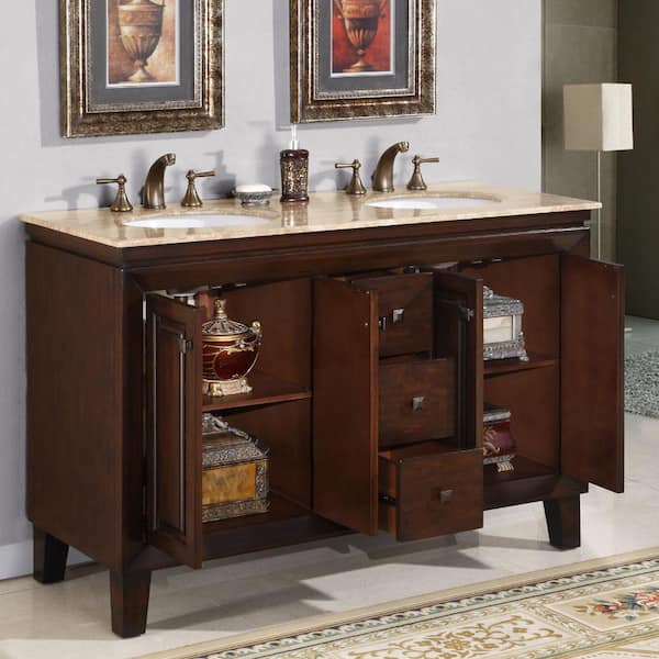 Silkroad Exclusive 55-in Dark Walnut Double Sink Bathroom Vanity with Travertine Top